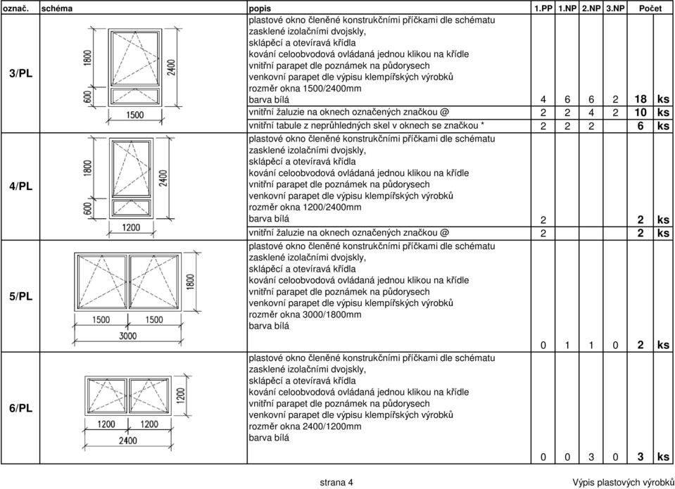 značkou * 2 2 2 6 ks rozměr okna 1200/2400mm 2 2 ks vnitřní žaluzie na oknech označených