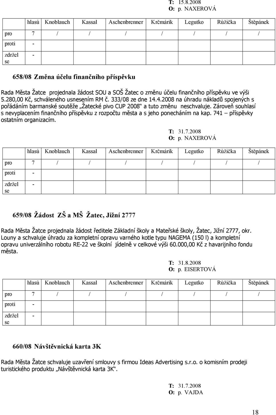 Zároveň souhlasí s nevyplacením finančního příspěvku z rozpočtu města a s jeho ponecháním na kap. 741 příspěvky ostatním organizacím. T: 31.7.2008 O: p.