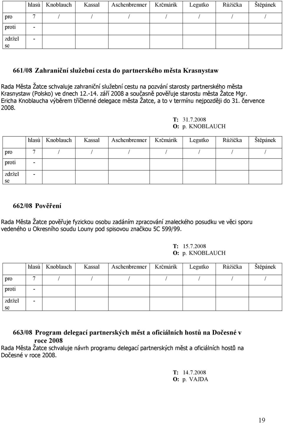 KNOBLAUCH 662/08 Pověření Rada Města Žatce pověřuje fyzickou osobu zadáním zpracování znaleckého posudku ve věci sporu vedeného u Okresního soudu Louny pod spisovou značkou 5C 599/99. T: 15.7.