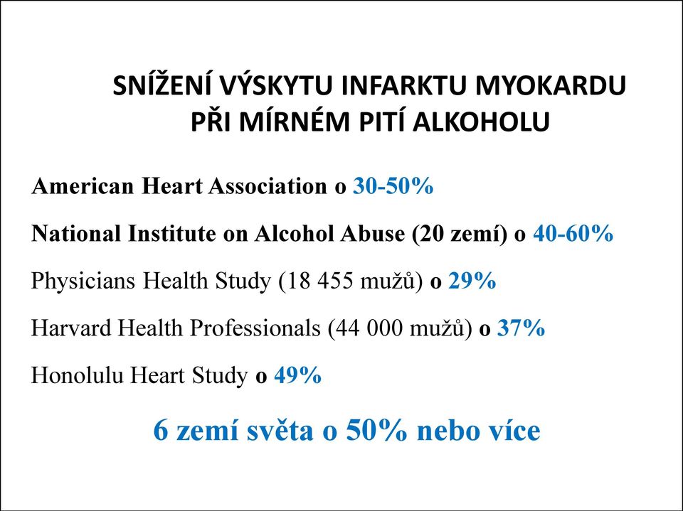 40-60% Physicians Health Study (18 455 mužů) o 29% Harvard Health