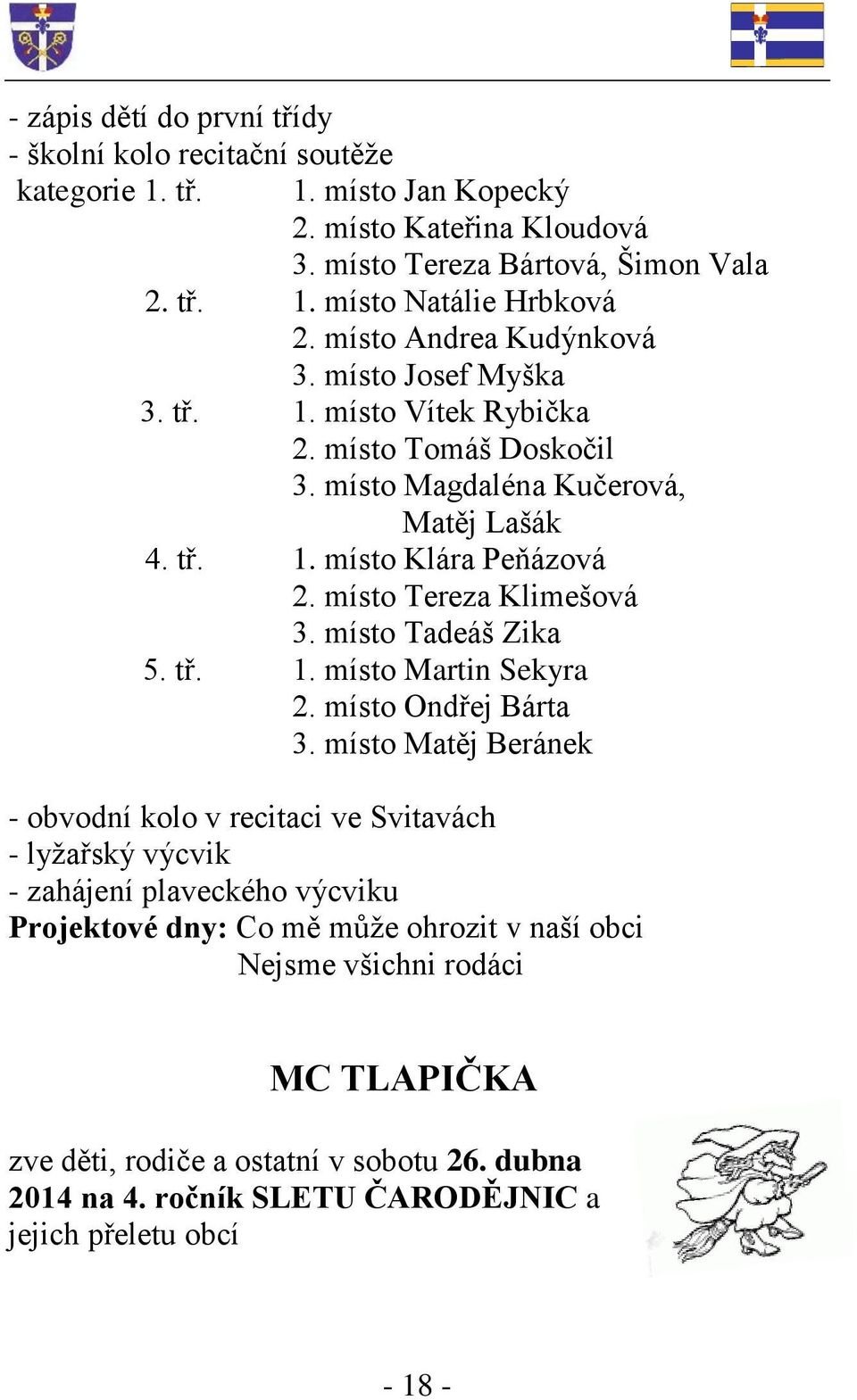 místo Tereza Klimešová 3. místo Tadeáš Zika 5. tř. 1. místo Martin Sekyra 2. místo Ondřej Bárta 3.