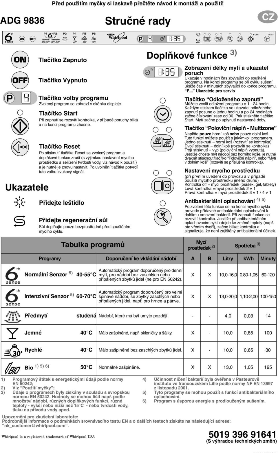 Tlačítko Start Při zapnutí se rozsvítí kontrolka, v případě poruchy bliká a na konci programu zhasne.