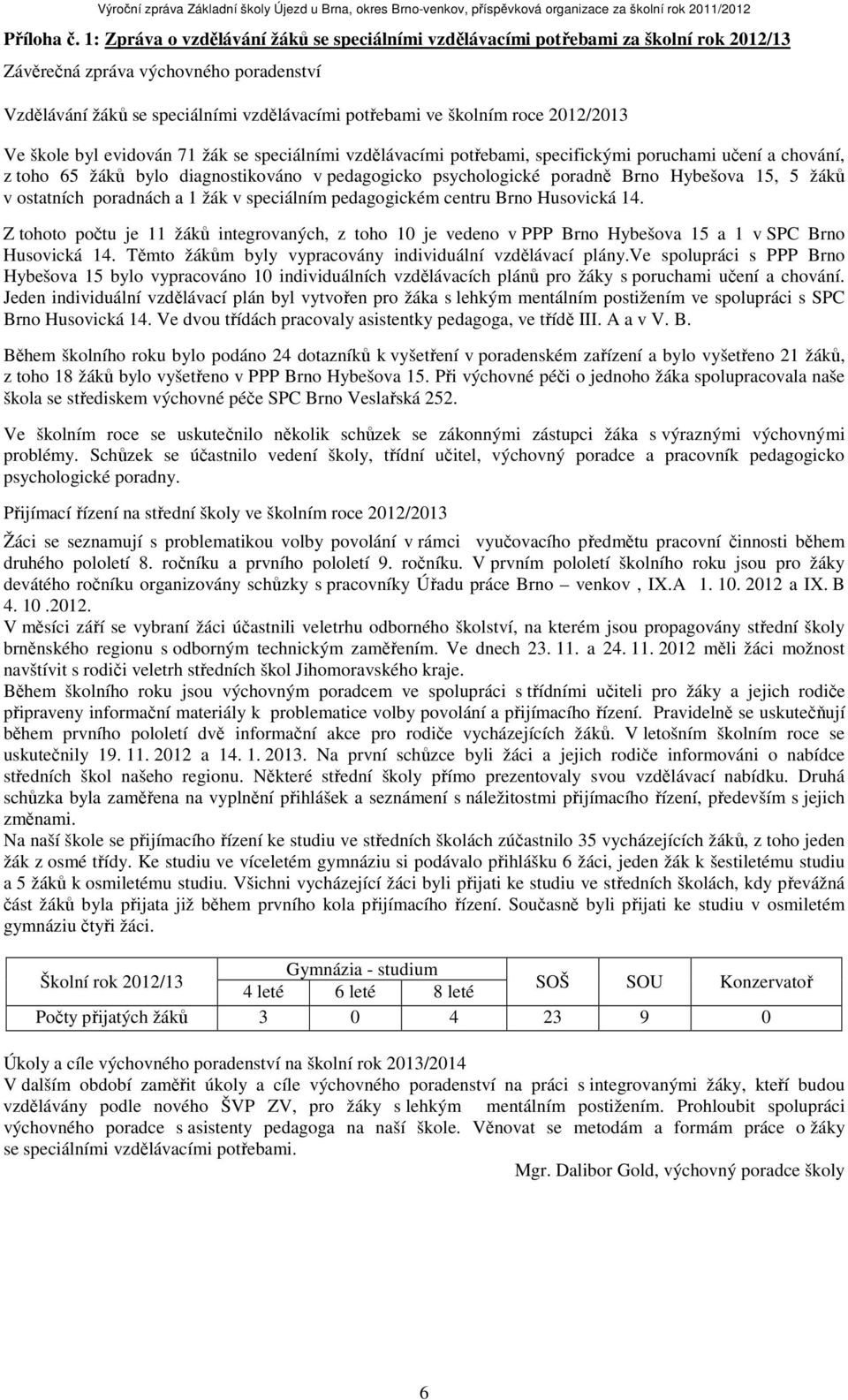 2012/2013 Ve škole byl evidován 71 žák se speciálními vzdělávacími potřebami, specifickými poruchami učení a chování, z toho 65 žáků bylo diagnostikováno v pedagogicko psychologické poradně Brno