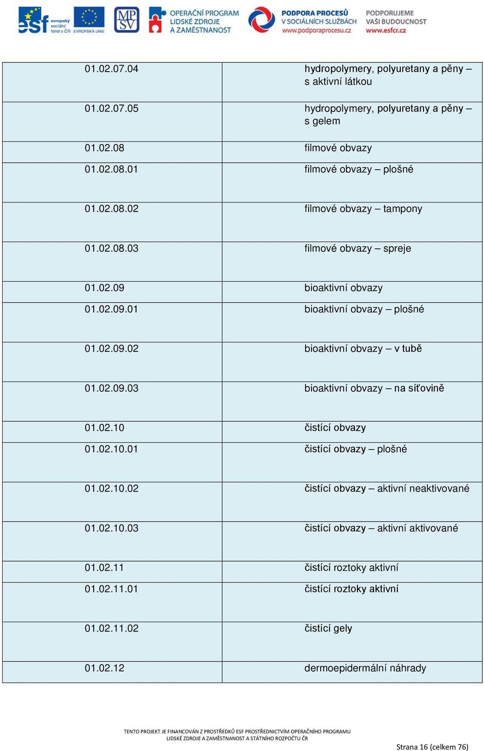 02.09.03 bioaktivní obvazy na síťovině 01.02.10 čistící obvazy 01.02.10.01 čistící obvazy plošné 01.02.10.02 čistící obvazy aktivní neaktivované 01.02.10.03 čistící obvazy aktivní aktivované 01.