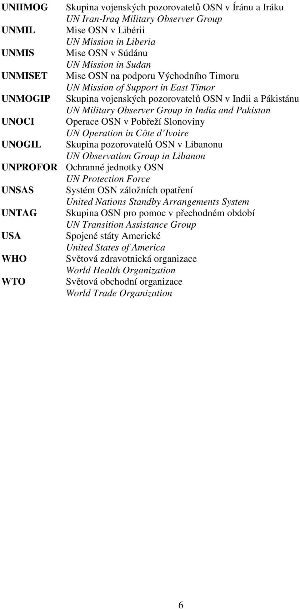 Operace OSN v Pobřeží Slonoviny UN Operation in Côte d Ivoire UNOGIL Skupina pozorovatelů OSN v Libanonu UN Observation Group in Libanon UNPROFOR Ochranné jednotky OSN UN Protection Force UNSAS