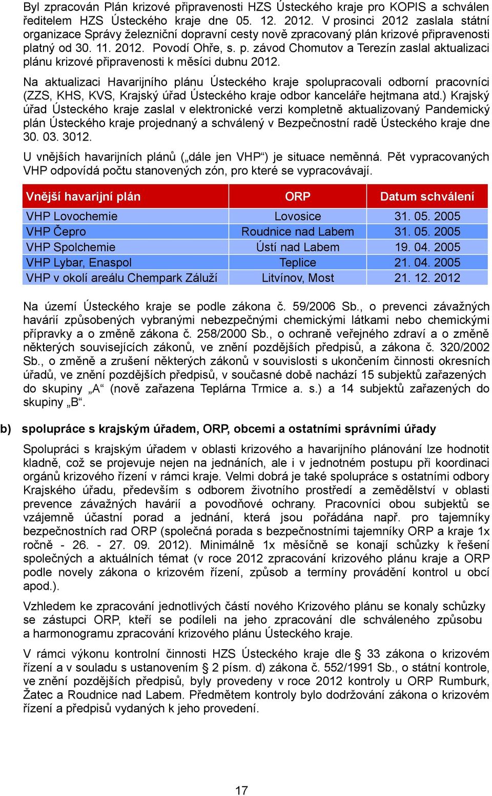 Na aktualizaci Havarijního plánu Ústeckého kraje spolupracovali odborní pracovníci (ZZS, KHS, KVS, Krajský úřad Ústeckého kraje odbor kanceláře hejtmana atd.