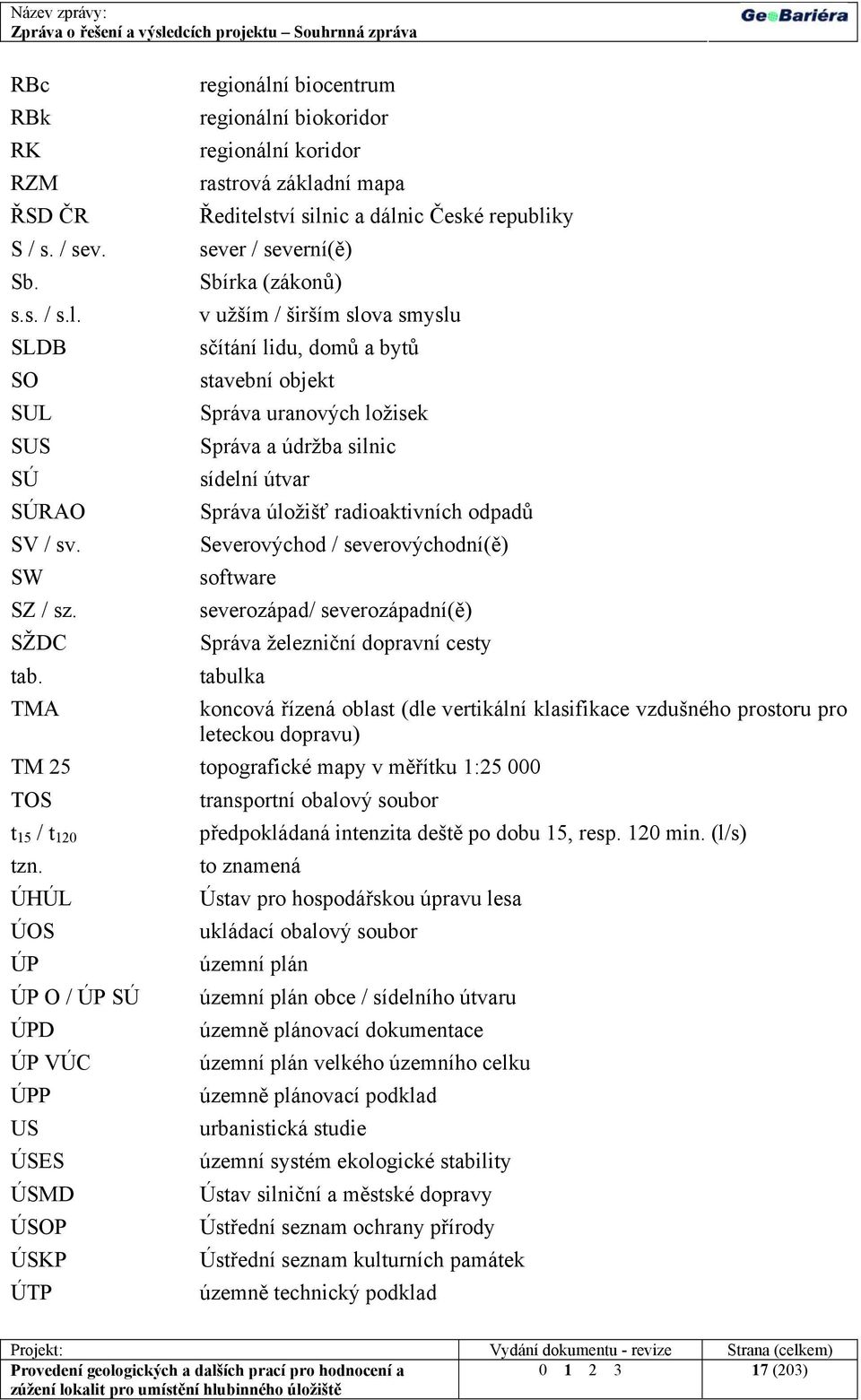 v užším / širším slova smyslu SLDB sčítání lidu, domů a bytů SO stavební objekt SUL Správa uranových ložisek SUS Správa a údržba silnic SÚ sídelní útvar SÚRAO Správa úložišť radioaktivních odpadů SV