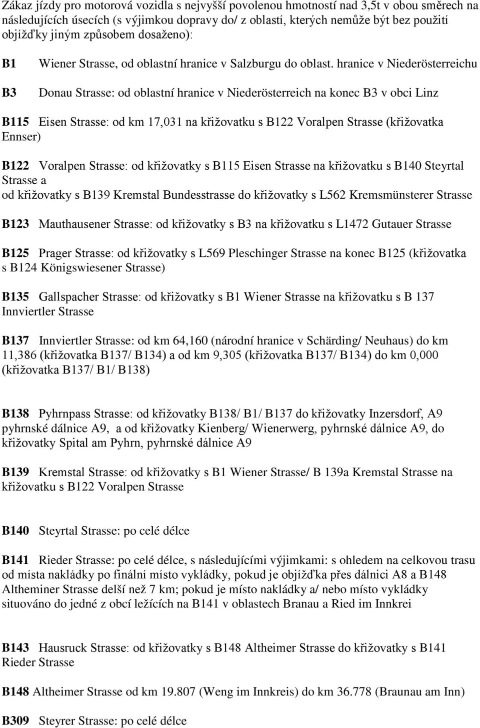 hranice v Niederösterreichu Donau Strasse: od oblastní hranice v Niederösterreich na konec B3 v obci Linz B115 Eisen Strasse: od km 17,031 na křižovatku s B122 Voralpen Strasse (křižovatka Ennser)