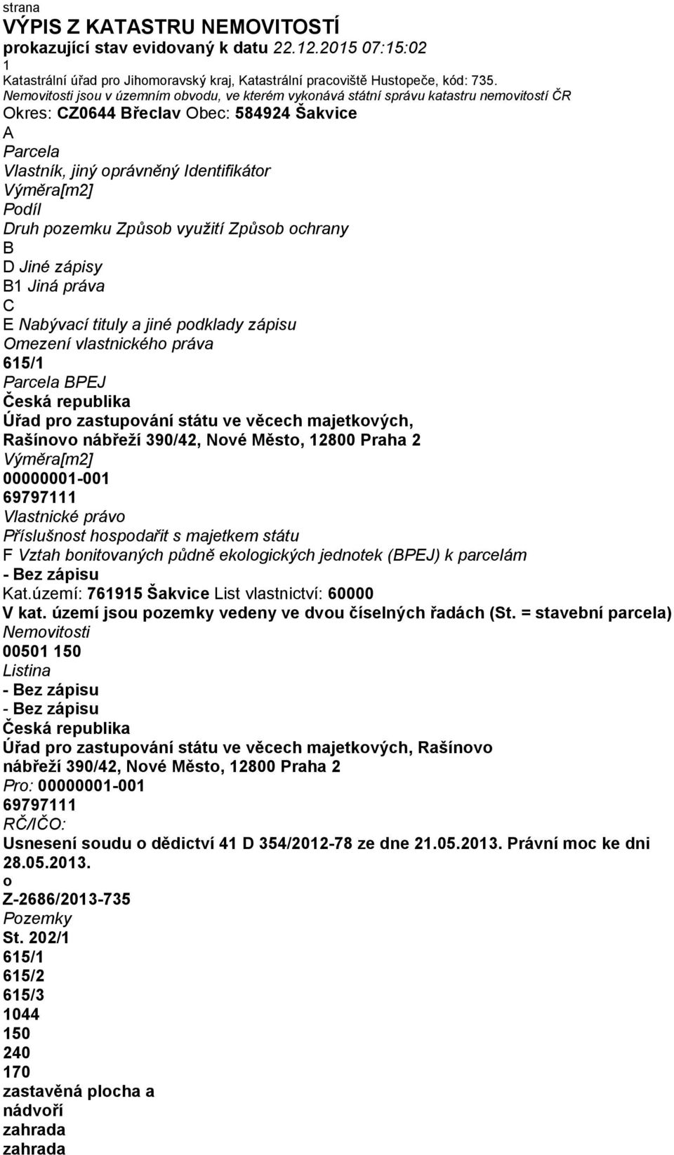Podíl Druh pozemku Způsob využití Způsob ochrany B D Jiné zápisy B1 Jiná práva C E Nabývací tituly a jiné podklady zápisu Omezení vlastnického práva 615/1 Parcela BPEJ Česká republika Úřad pro