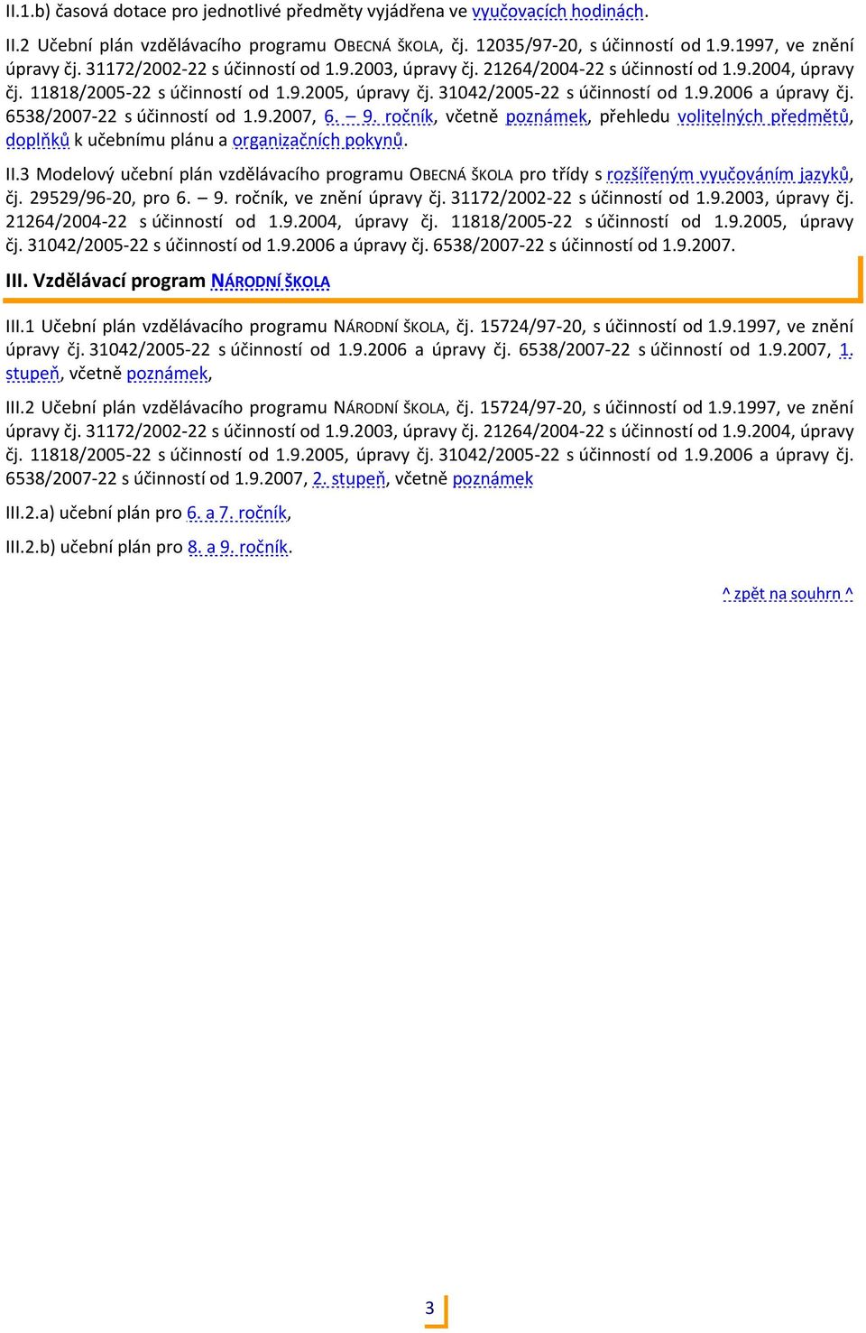 6538/2007-22 s účinností od 1.9.2007, 6. 9. ročník, včetně poznámek, přehledu volitelných předmětů, doplňků k učebnímu plánu a organizačních pokynů. II.