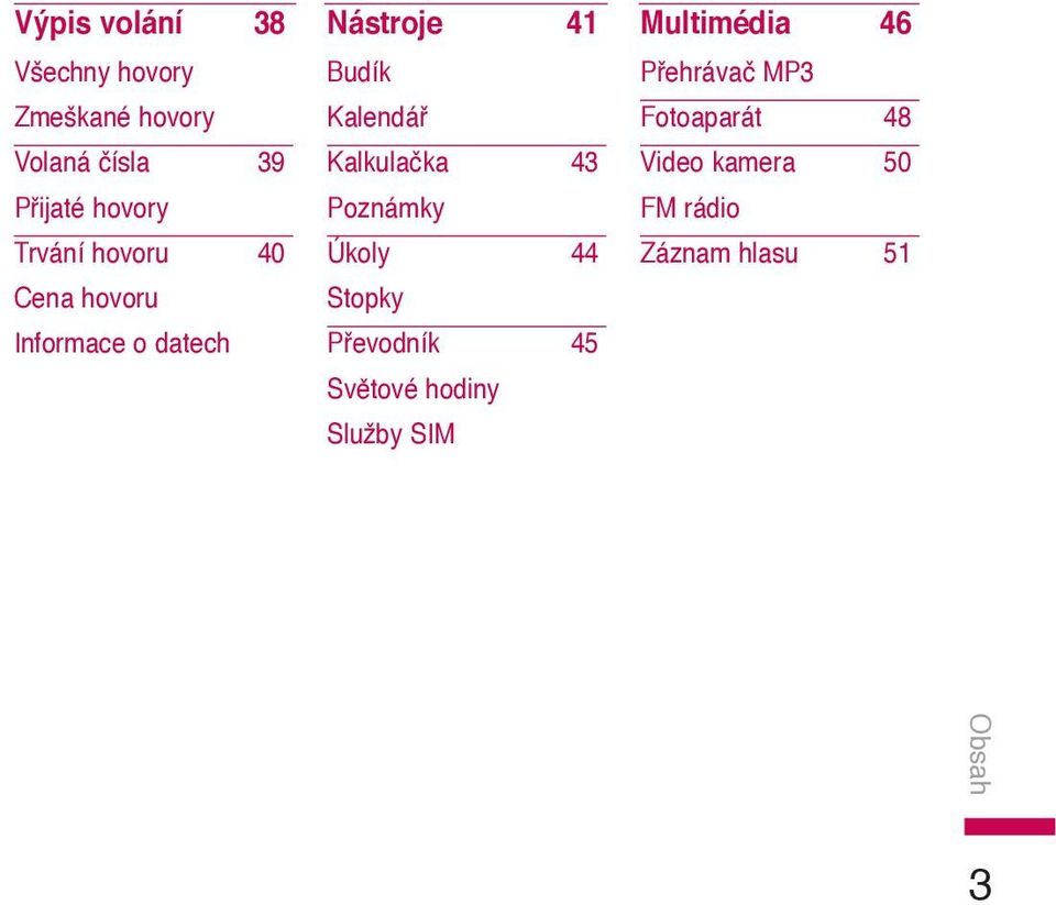 Kalkulačka 43 Poznámky Úkoly 44 Stopky Převodník 45 Světové hodiny Služby SIM