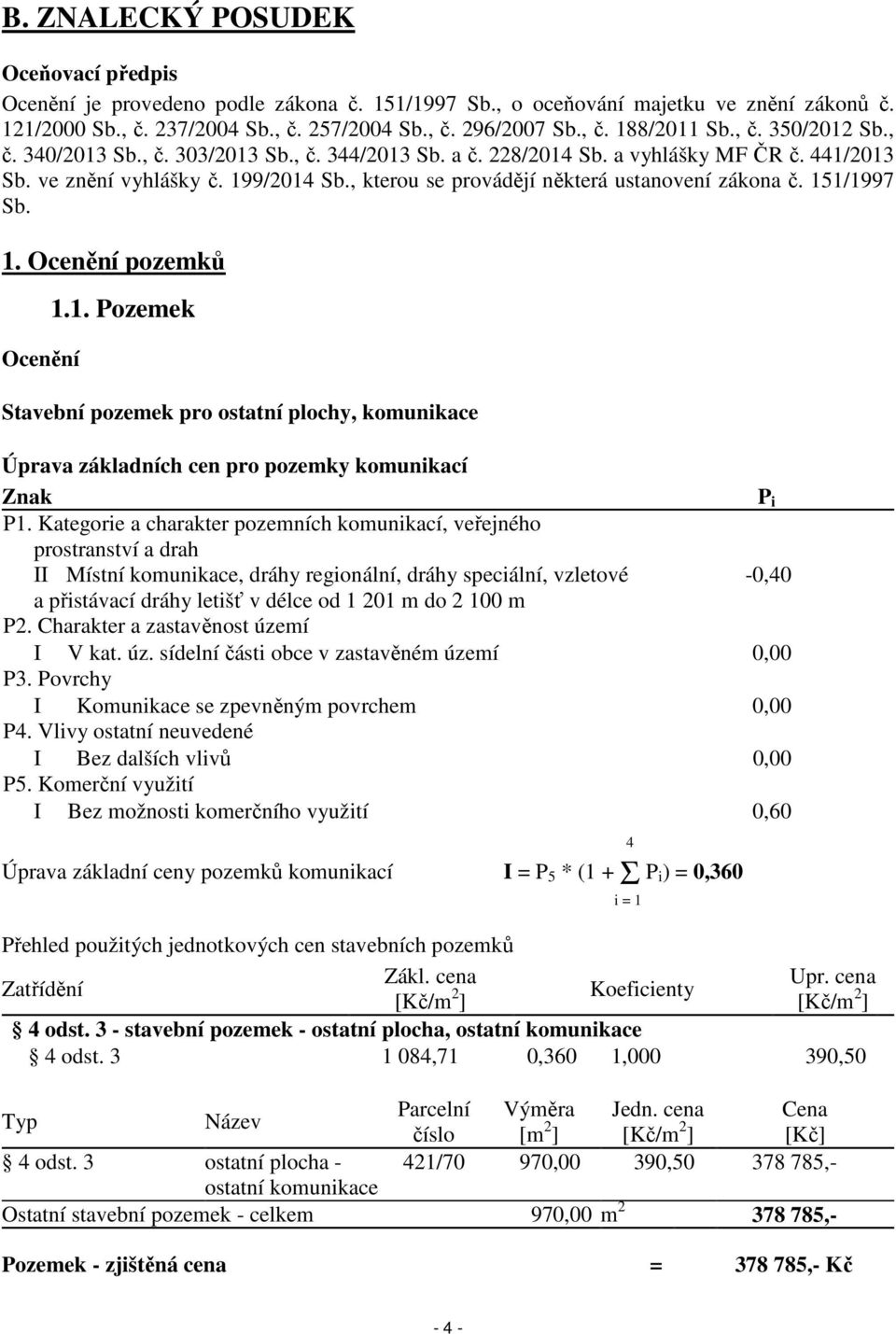 , kterou se provádějí některá ustanovení zákona č. 151/1997 Sb. Ocenění 1.1. Pozemek Stavební pozemek pro ostatní plochy, komunikace Úprava základních cen pro pozemky komunikací Znak P i P1.