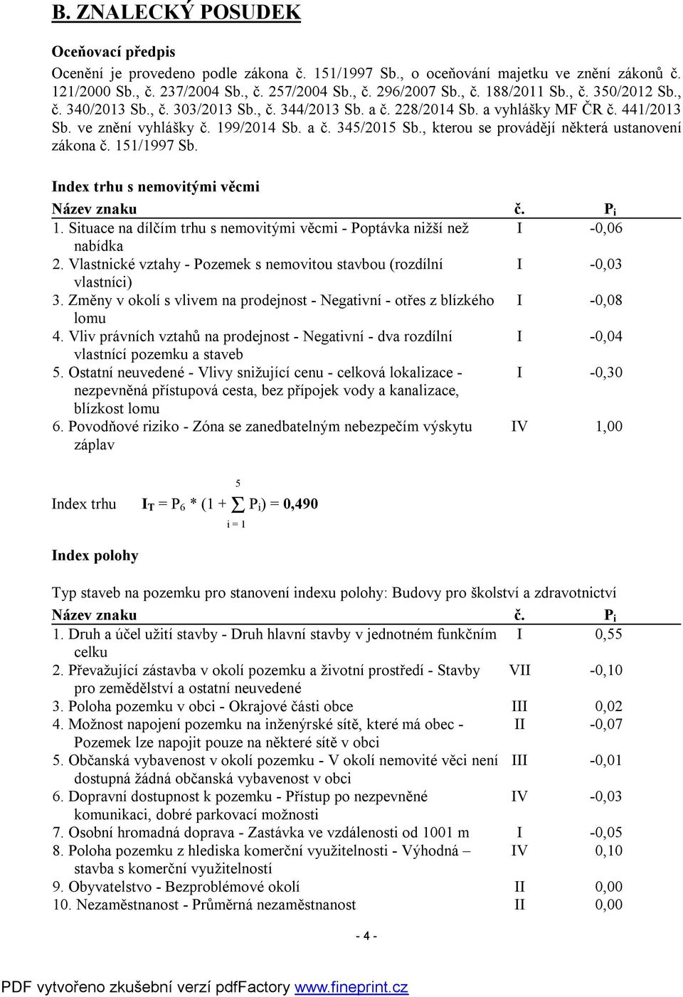 , kterou se provádějí některá ustanovení zákona č. 151/1997 Sb. Index trhu s nemovitými věcmi Název znaku č. P i 1. Situace na dílčím trhu s nemovitými věcmi - Poptávka nižší než I -0,06 nabídka 2.