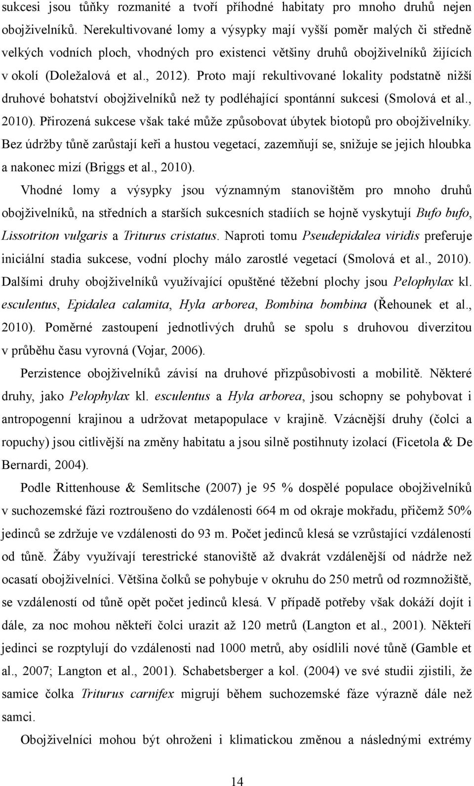 Proto mají rekultivované lokality podstatně nižší druhové bohatství obojživelníků než ty podléhající spontánní sukcesi (Smolová et al., 2010).