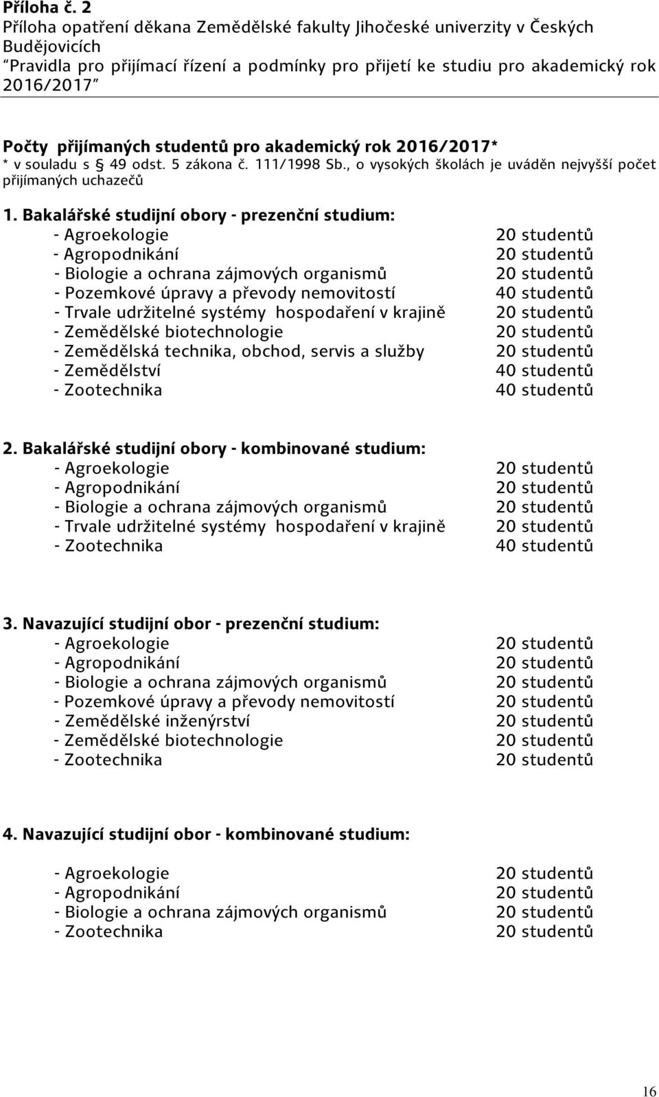 studentů pro akademický rok 2016/2017* * v souladu s 49 odst. 5 zákona č. 111/1998 Sb., o vysokých školách je uváděn nejvyšší počet přijímaných uchazečů 1.