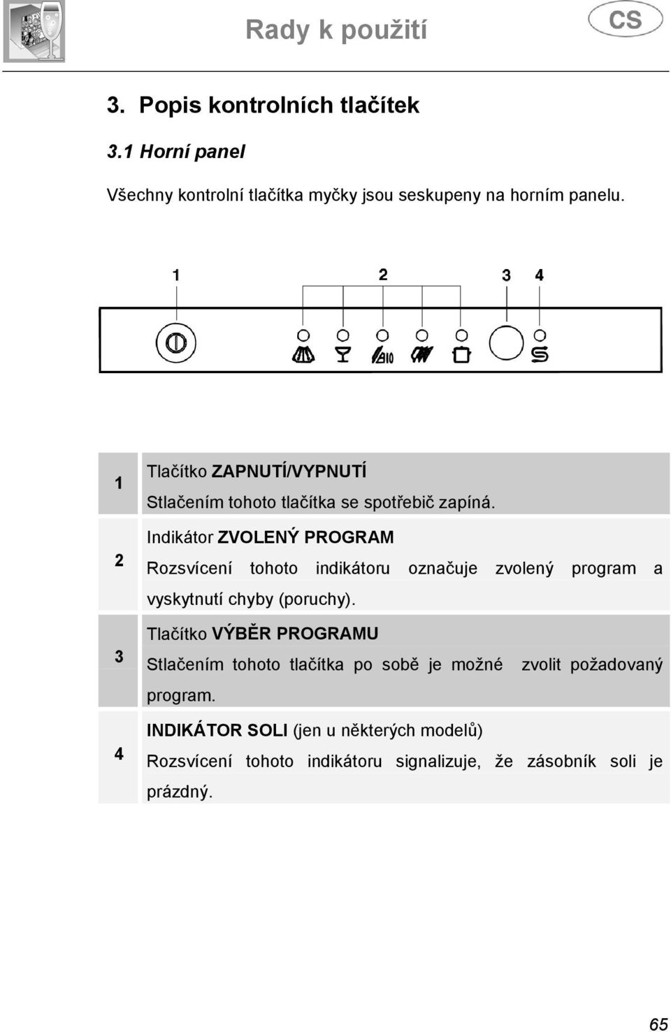 Indikátor ZVOLENÝ PROGRAM Rozsvícení tohoto indikátoru označuje zvolený program a vyskytnutí chyby (poruchy).