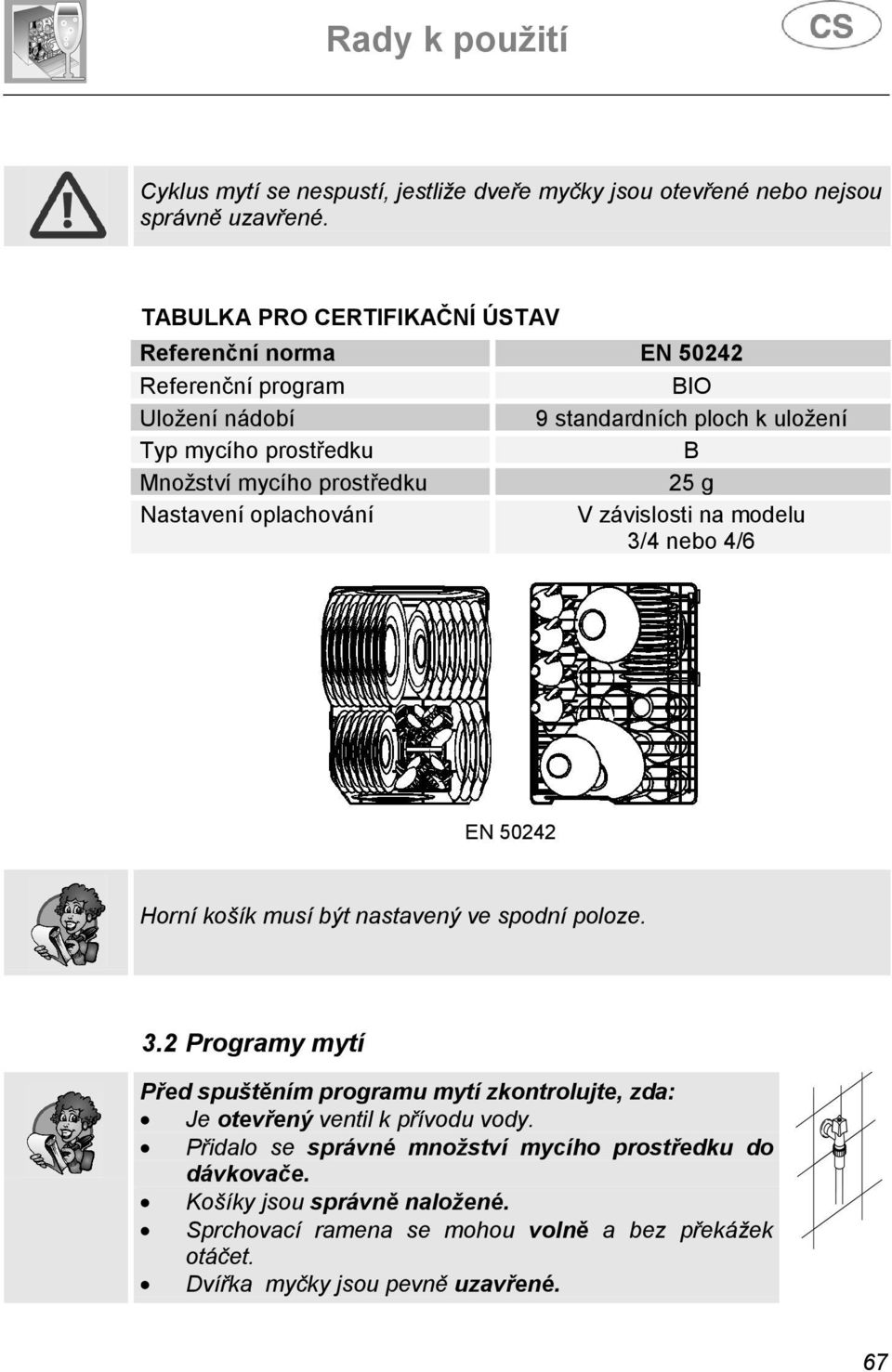 prostředku 25 g Nastavení oplachování V závislosti na modelu 3/4 nebo 4/6 EN 50242 Horní košík musí být nastavený ve spodní poloze. 3.2 Programy mytí Před spuštěním programu mytí zkontrolujte, zda: Je otevřený ventil k přívodu vody.