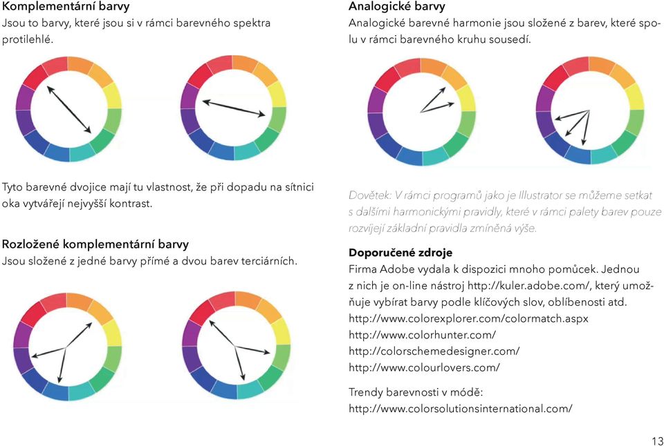 Dovětek: V rámci programů jako je Illustrator se můžeme setkat s dalšími harmonickými pravidly, které v rámci palety barev pouze rozvíjejí základní pravidla zmíněná výše.