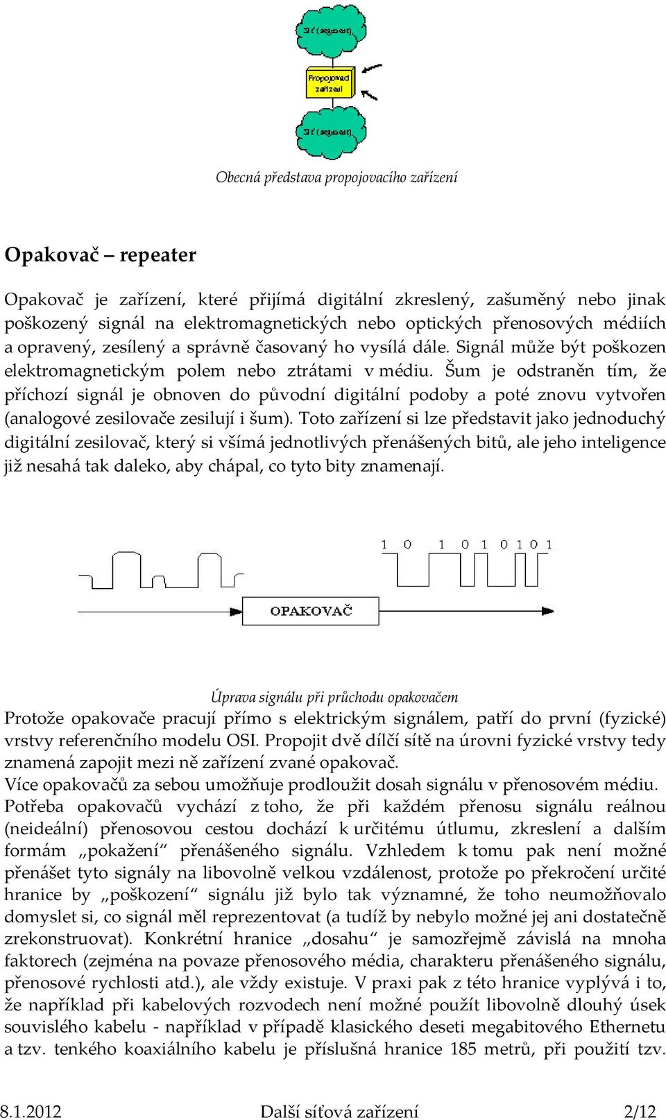 Šum je odstraněn tím, že příchozí signál je obnoven do původní digitální podoby a poté znovu vytvořen (analogové zesilovače zesilují i šum).