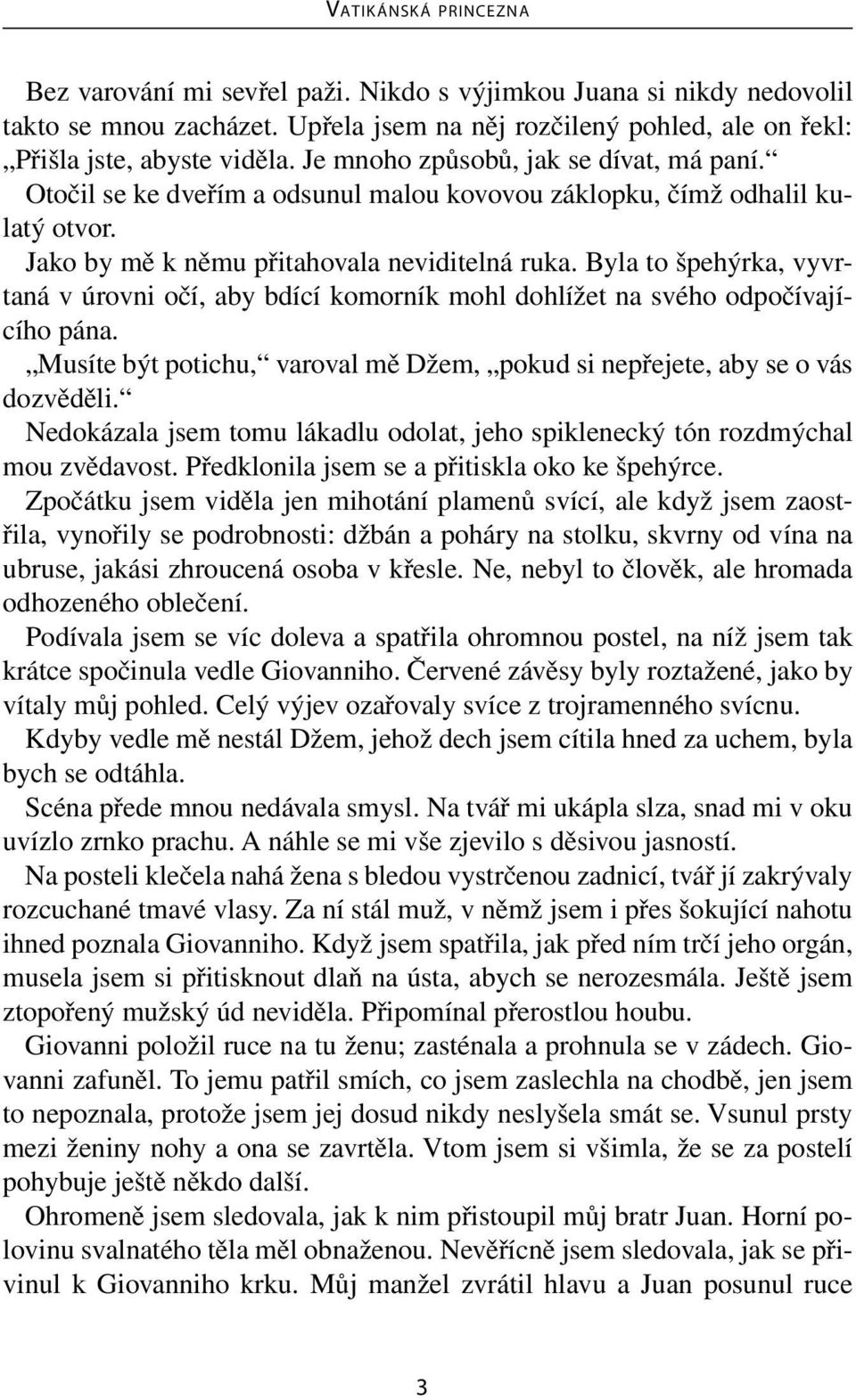 Byla to špehýrka, vyvrtaná v úrovni očí, aby bdící komorník mohl dohlížet na svého odpočívajícího pána. Musíte být potichu, varoval mě Džem, pokud si nepřejete, aby se o vás dozvěděli.