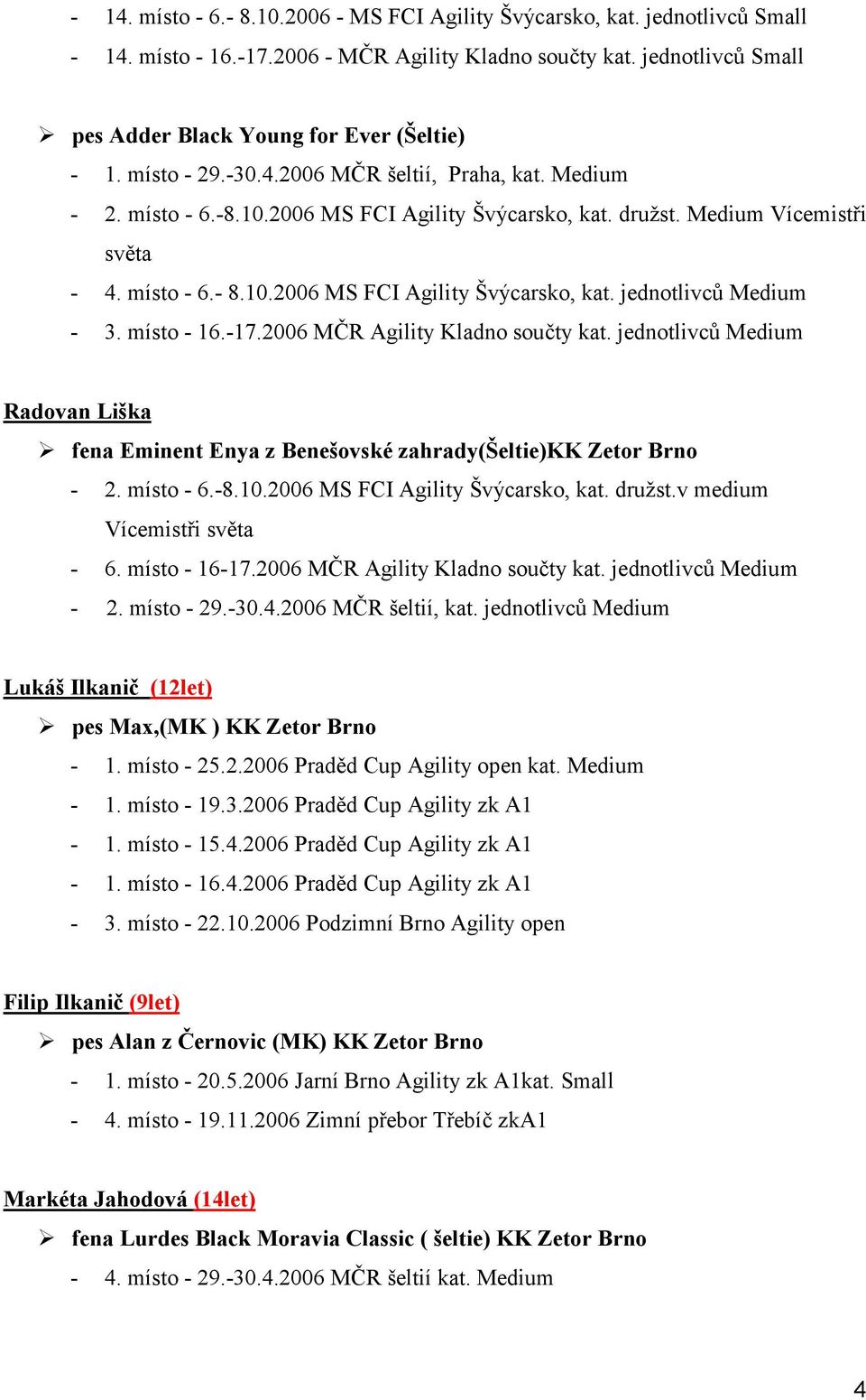 místo - 16.-17.2006 MČR Agility Kladno součty kat. jednotlivců Medium Radovan Liška fena Eminent Enya z Benešovské zahrady(šeltie)kk Zetor Brno - 2. místo - 6.-8.10.2006 MS FCI Agility Švýcarsko, kat.