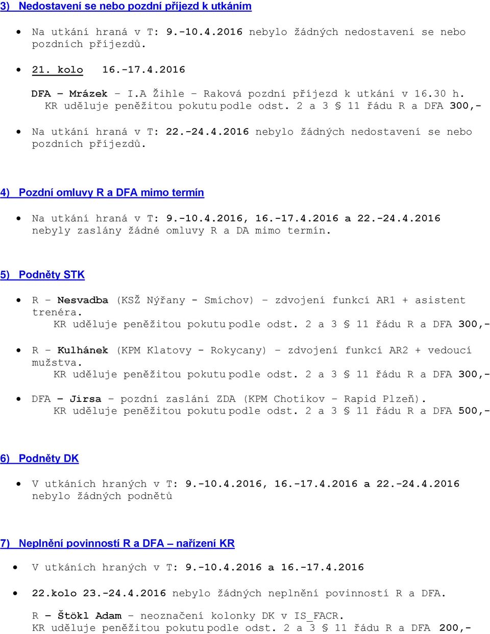 -10.4.2016, 16.-17.4.2016 a 22.-24.4.2016 nebyly zaslány žádné omluvy R a DA mimo termín. 5) Podněty STK R Nesvadba (KSŽ Nýřany - Smíchov) zdvojení funkcí AR1 + asistent trenéra.