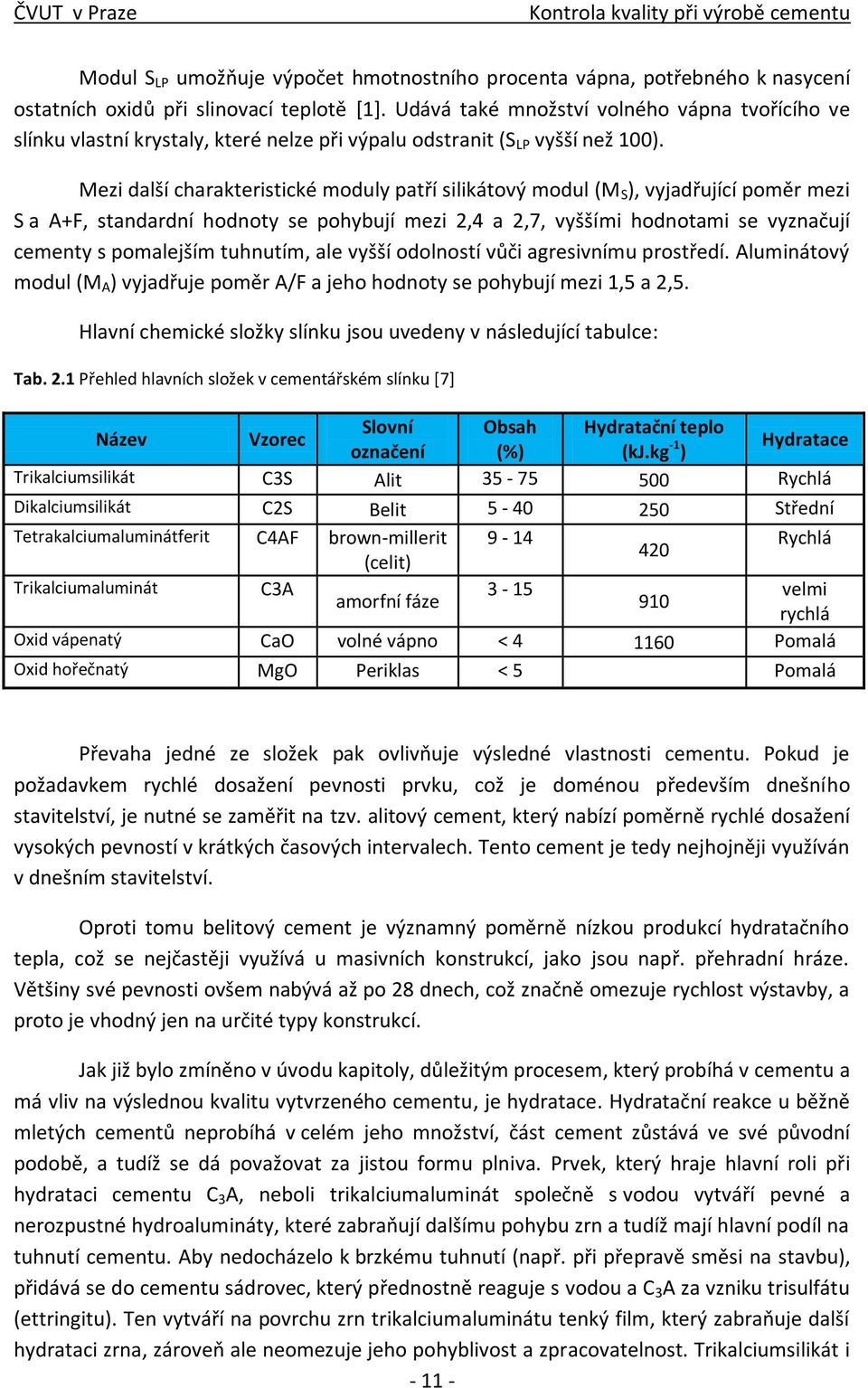 Mezi další charakteristické moduly patří silikátový modul (M S ), vyjadřující poměr mezi S a A+F, standardní hodnoty se pohybují mezi 2,4 a 2,7, vyššími hodnotami se vyznačují cementy s pomalejším