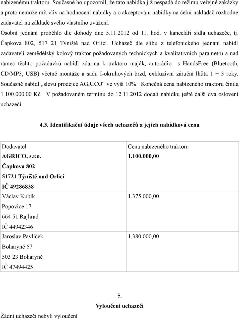 vlastního uvážení. Osobní jednání proběhlo dle dohody dne 5.11.2012 od 11. hod. v kanceláři sídla uchazeče, tj. Čapkova 802, 517 21 Týniště nad Orlicí.