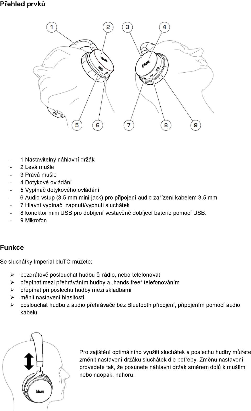 - 9 Mikrofon Funkce Se sluchátky Imperial blutc můžete: bezdrátově poslouchat hudbu či rádio, nebo telefonovat přepínat mezi přehráváním hudby a hands free telefonováním přepínat při poslechu hudby