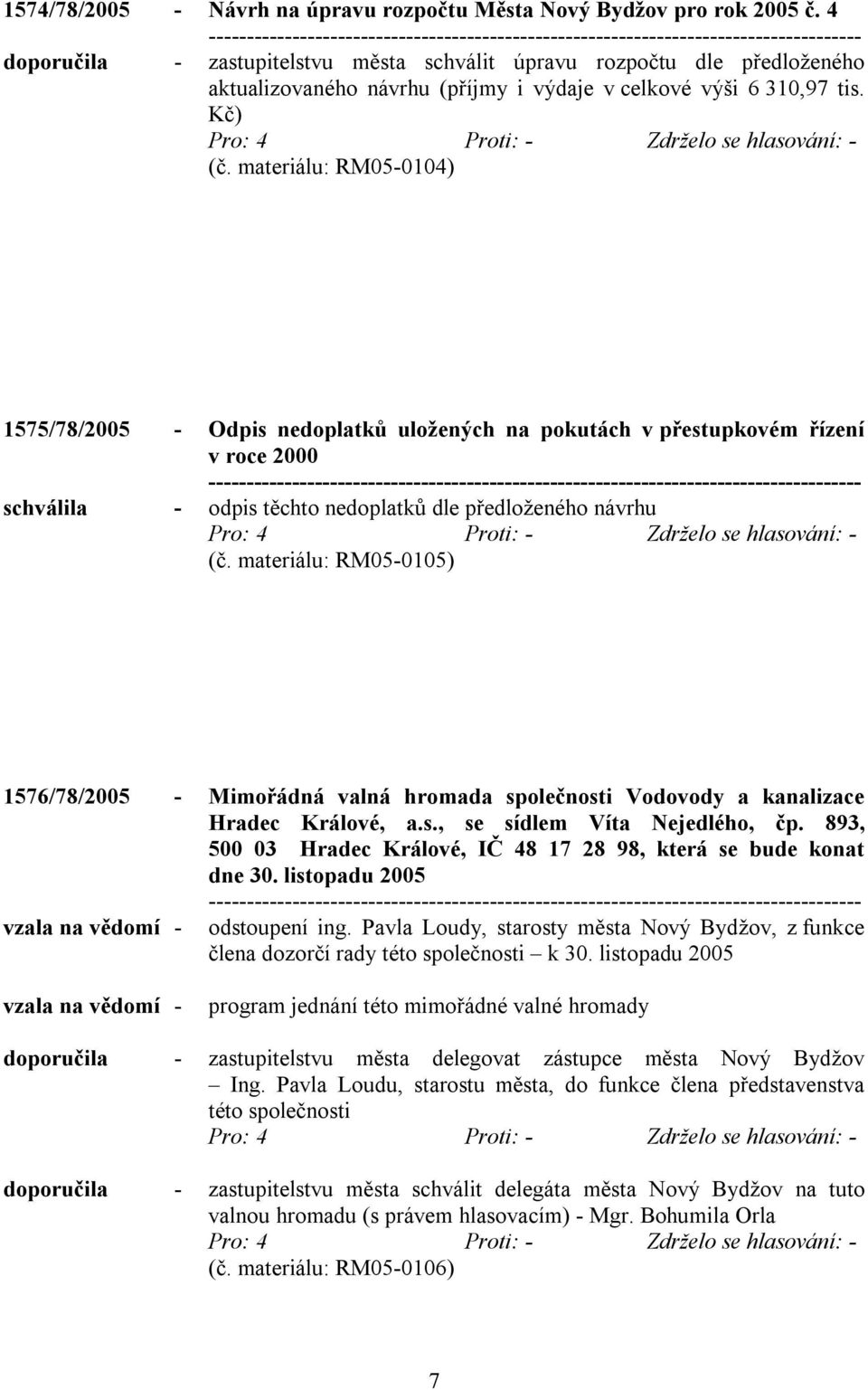 materiálu: RM05-0104) 1575/78/2005 - Odpis nedoplatků uložených na pokutách v přestupkovém řízení v roce 2000 schválila - odpis těchto nedoplatků dle předloženého návrhu (č.