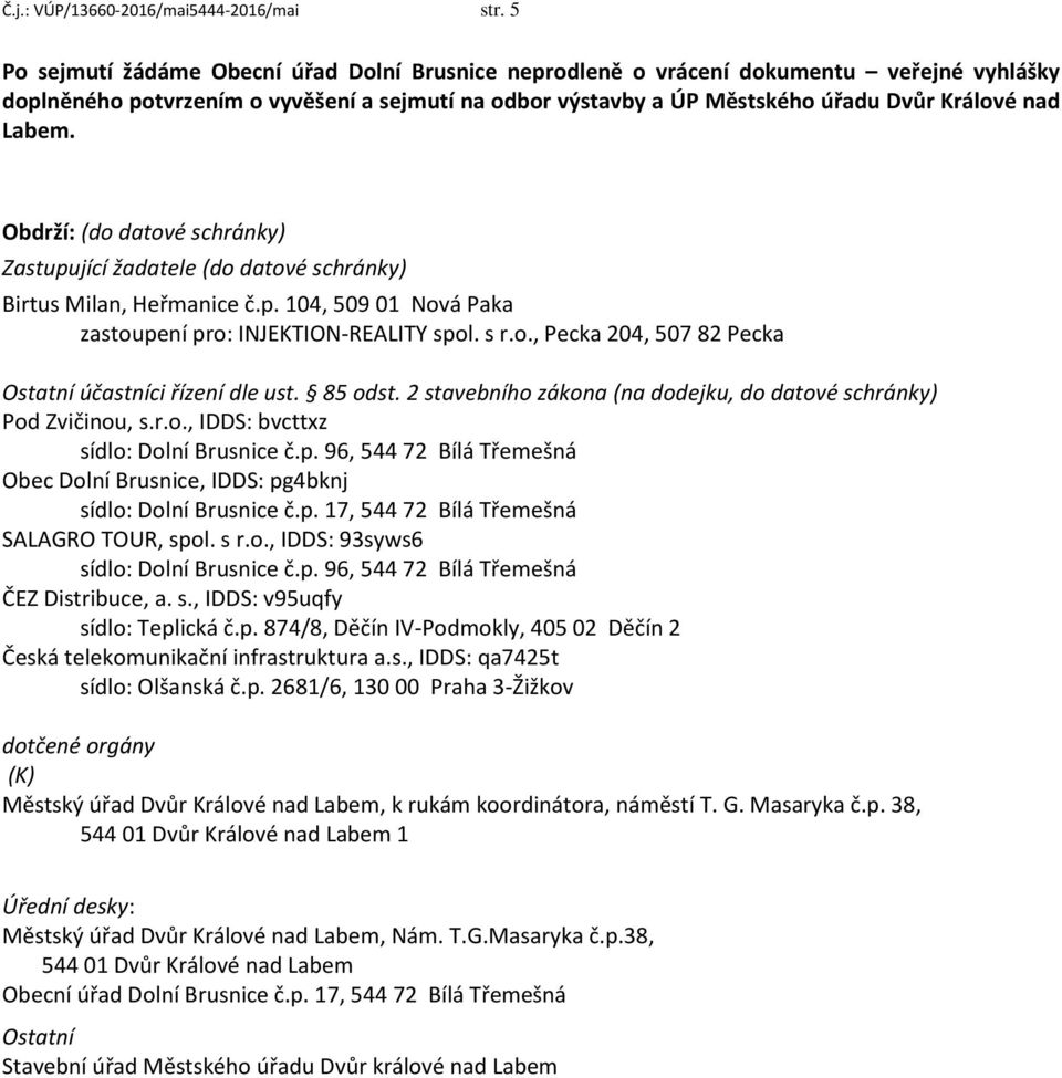 Obdrží: (do datové schránky) Zastupující žadatele (do datové schránky) Birtus Milan, Heřmanice č.p. 104, 509 01 Nová Paka zastoupení pro: INJEKTION-REALITY spol. s r.o., Pecka 204, 507 82 Pecka Ostatní účastníci řízení dle ust.