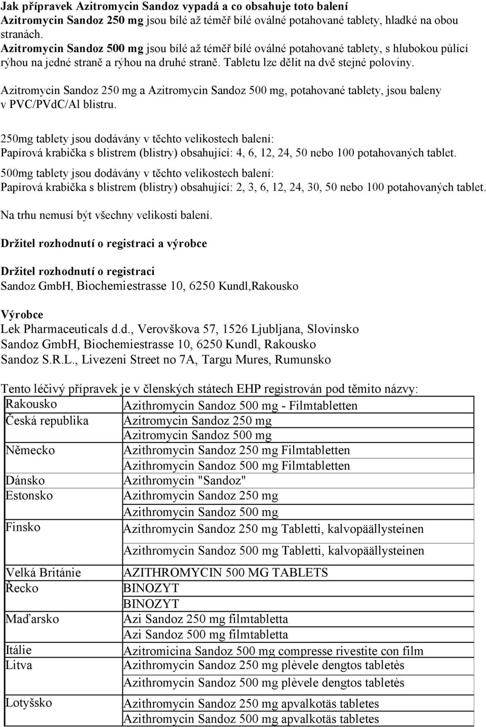 Azitromycin Sandoz 250 mg a Azitromycin Sandoz 500 mg, potahované tablety, jsou baleny v PVC/PVdC/Al blistru.