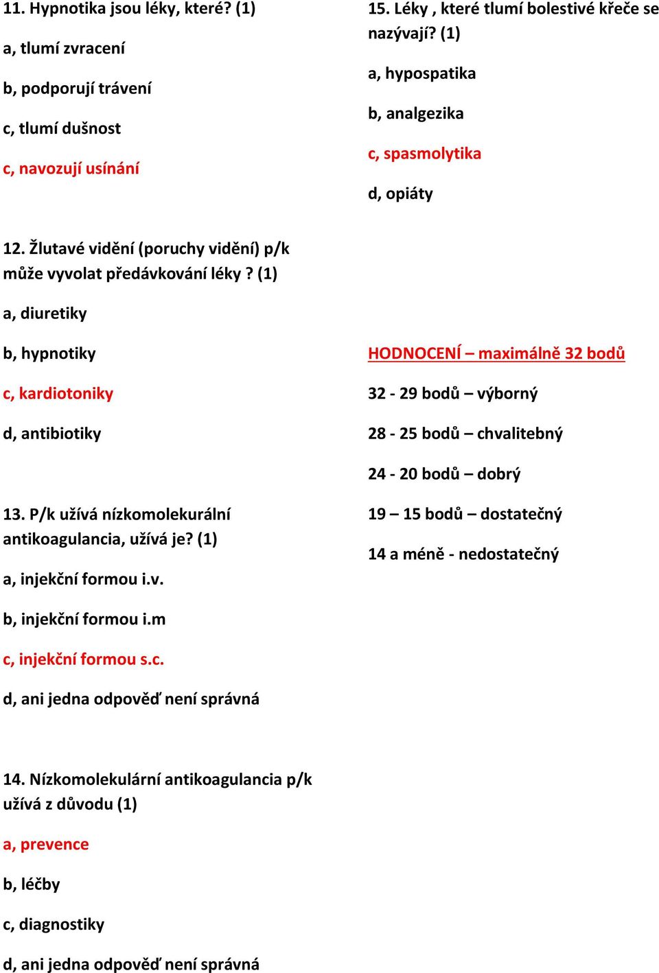 (1) a, diuretiky b, hypnotiky c, kardiotoniky d, antibiotiky HODNOCENÍ maximálně 32 bodů 32 29 bodů výborný 28 25 bodů chvalitebný 24 20 bodů dobrý 13.