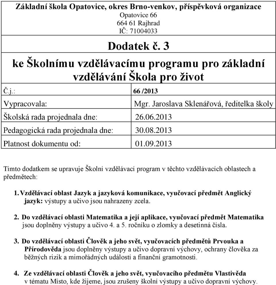 Jaroslava Sklenářová, ředitelka školy Tímto dodatkem se upravuje Školní vzdělávací program v těchto vzdělávacích oblastech a předmětech: 1.