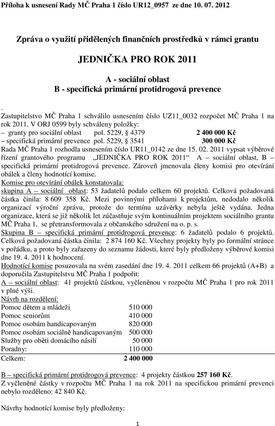 Zastupitelstvo MČ Praha 1 schválilo usnesením číslo UZ11_0032 rozpočet MČ Praha 1 na rok 2011. V ORJ 0599 byly schváleny položky: granty pro sociální oblast pol.