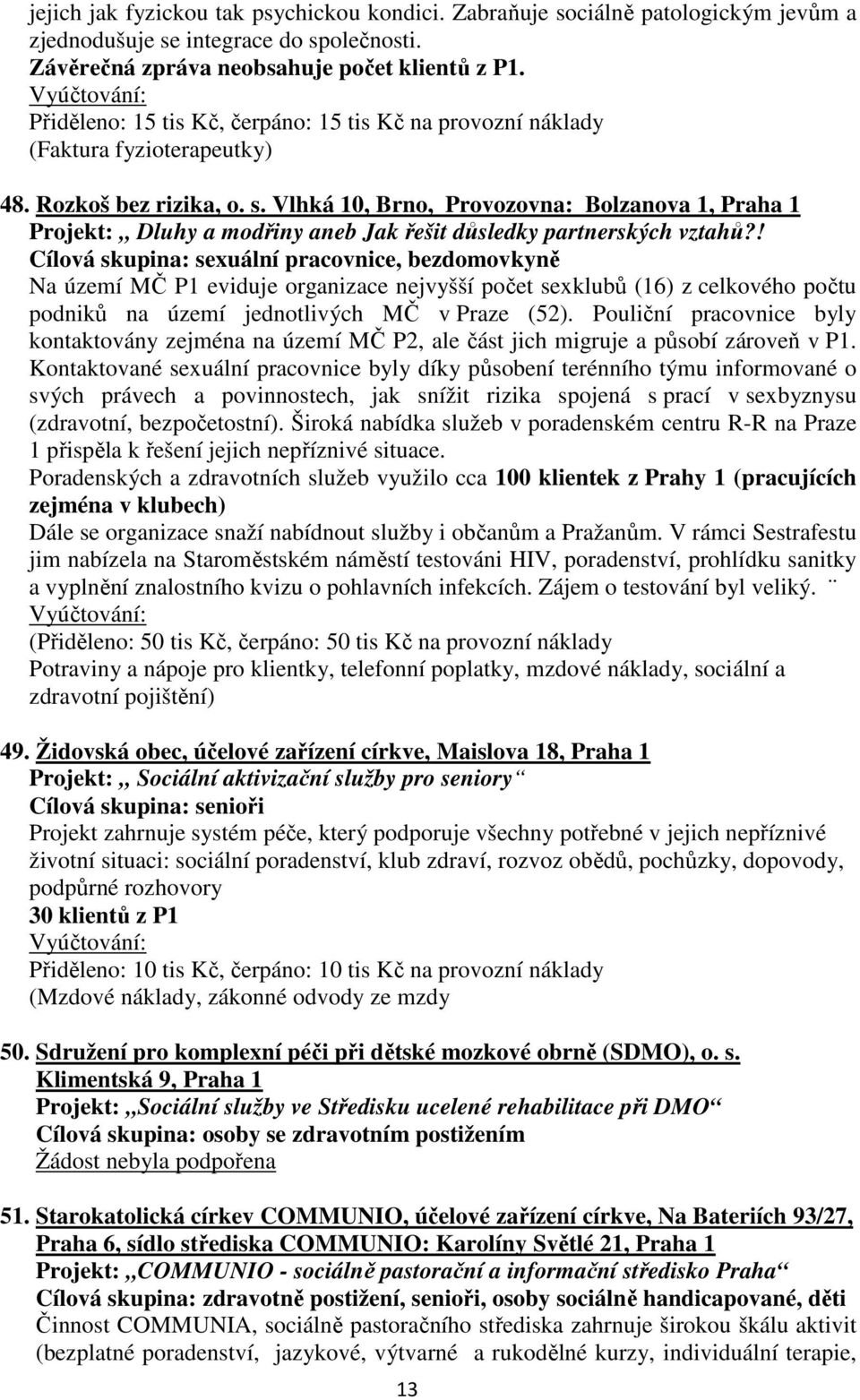 Vlhká 10, Brno, Provozovna: Bolzanova 1, Praha 1 Projekt: Dluhy a modřiny aneb Jak řešit důsledky partnerských vztahů?