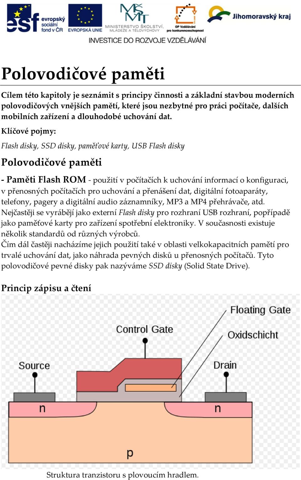 Klíčové pojmy: Flash disky, SSD disky, paměťové karty, USB Flash disky Polovodičové paměti - Paměti Flash ROM - použití v počítačích k uchování informací o konfiguraci, v přenosných počítačích pro