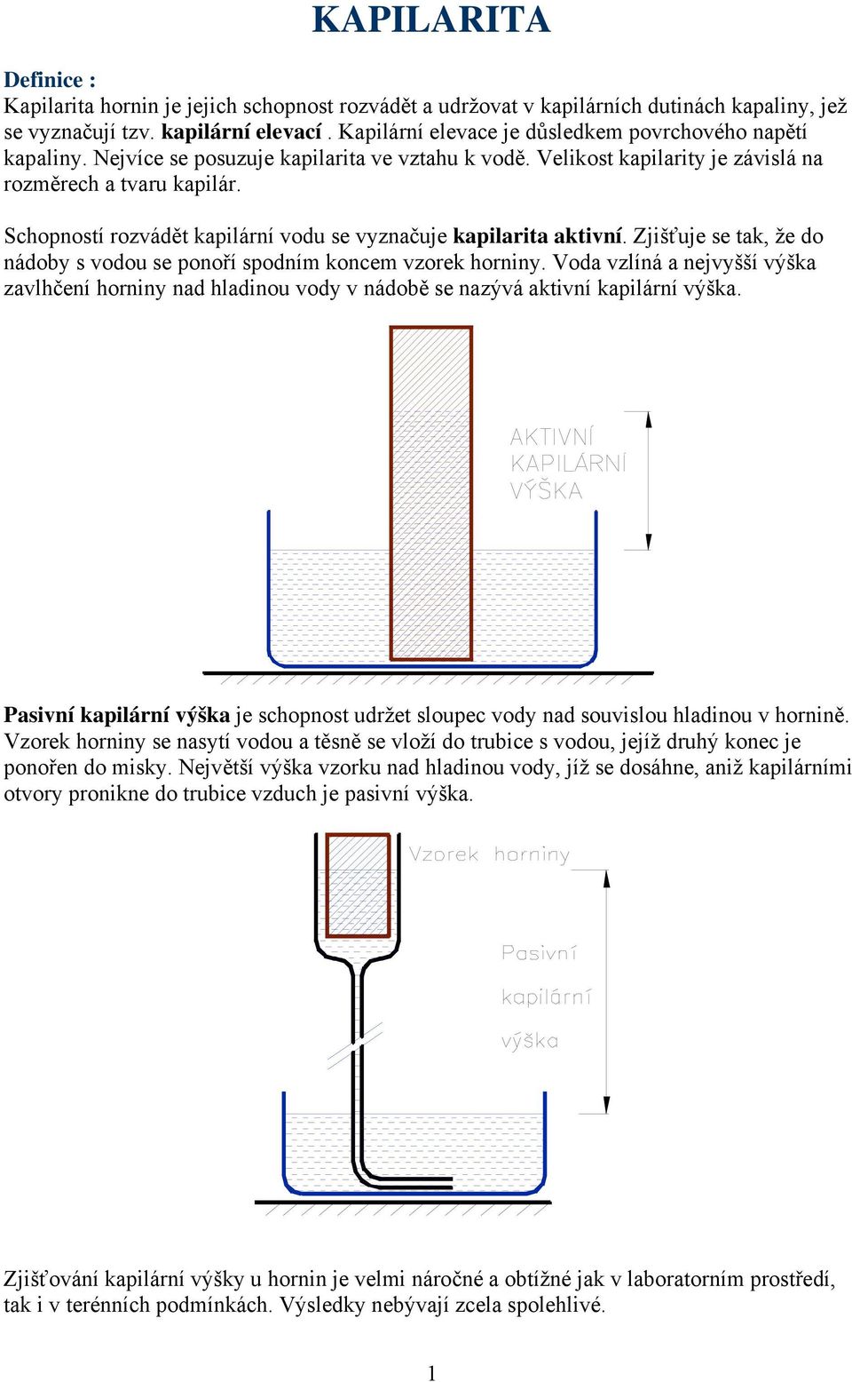 Schopnotí rozváět kapilární vou e vyznačuje kapilarita aktivní. Zjišťuje e tak, že o náoby voou e ponoří poní konce vzorek horniny.