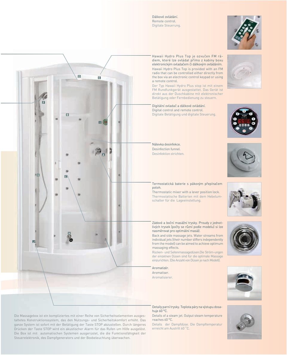 Der Typ Hawaii Hydro Plus stop ist mit einem FM Rundfunkgerät ausgestattet. Das Gerät ist direkt aus der Duschkabine mit elektronischer Betätigung oder Fernbedienung zu steuern.
