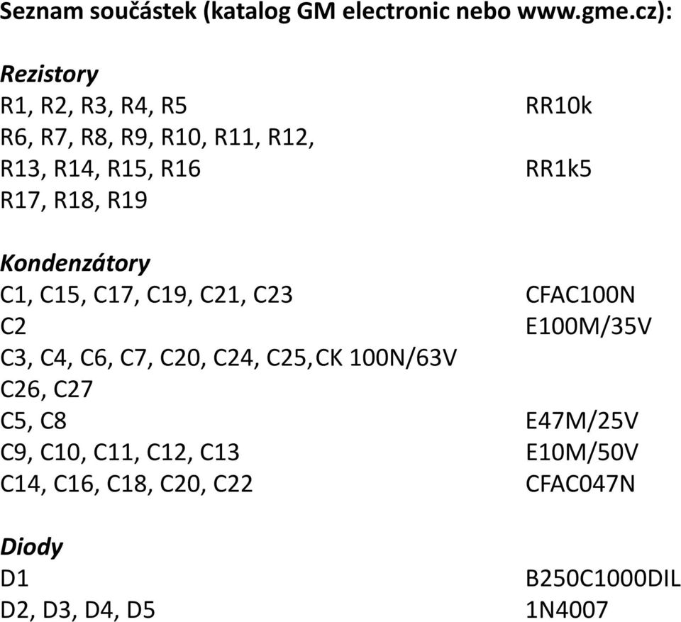 R18, R19 Kondenzátory C1, C15, C17, C19, C21, C23 CFAC100N C2 E100M/35V C3, C4, C6, C7, C20, C24,