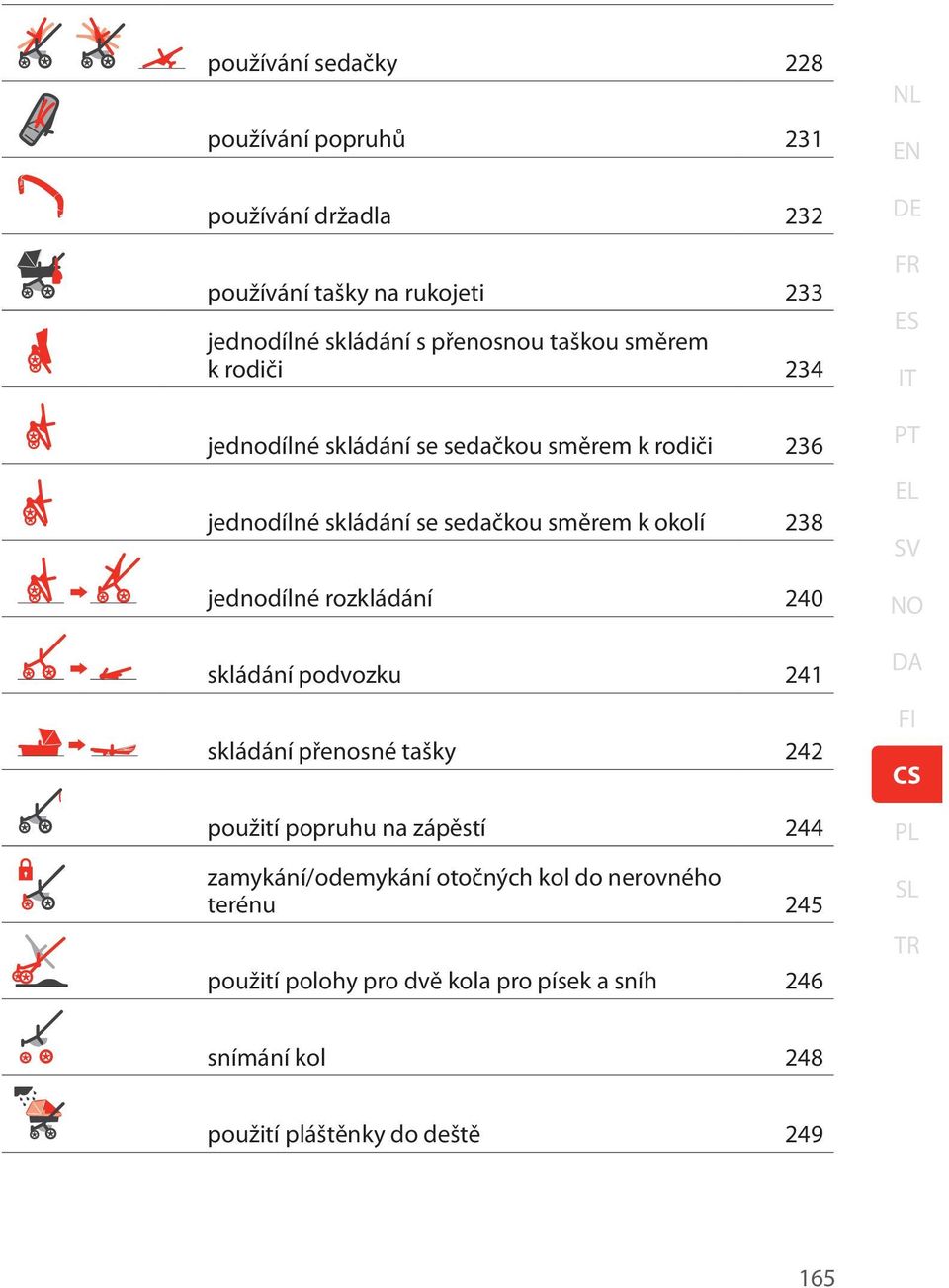 skládání podvozku 41 skládání přenosné tašky 4 použití popruhu na zápěstí 44 zamykání/odemykání otočných kol do nerovného terénu 45