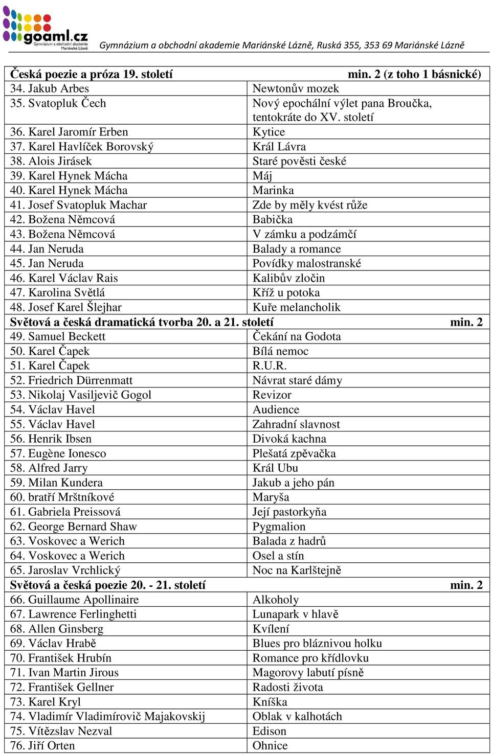 Josef Svatopluk Machar Zde by měly kvést růže 42. Božena Němcová Babička 43. Božena Němcová V zámku a podzámčí 44. Jan Neruda Balady a romance 45. Jan Neruda Povídky malostranské 46.