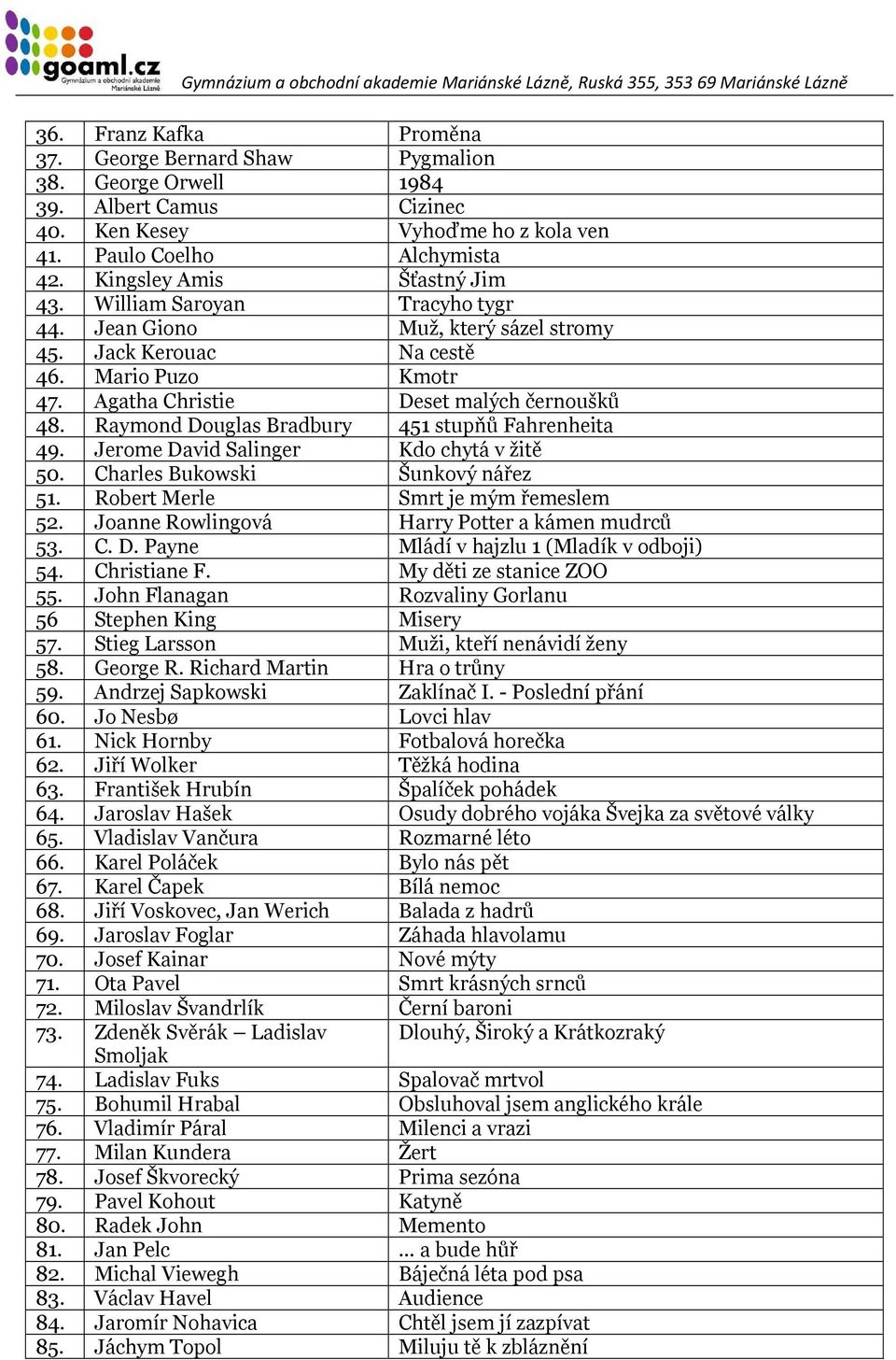 Raymond Douglas Bradbury 451 stupňů Fahrenheita 49. Jerome David Salinger Kdo chytá v žitě 50. Charles Bukowski Šunkový nářez 51. Robert Merle Smrt je mým řemeslem 52.