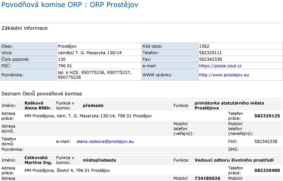 k HZS: 950775236, 950775237, 950775238 WWW stránky: http://www.prostejov.eu Seznam členů povodňové komise Rašková Alena RNDr. předseda MM Prostějova, nám. T. G.