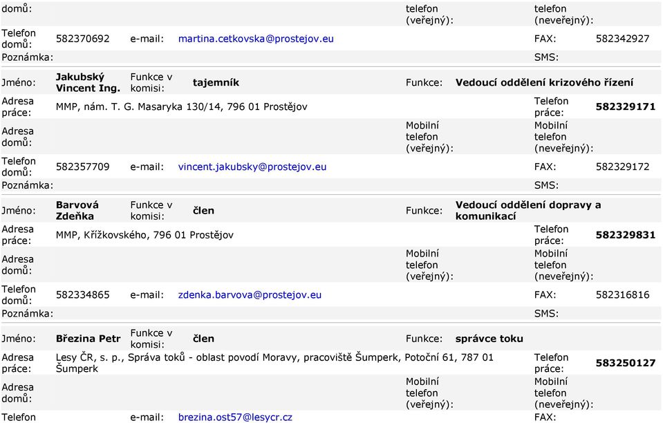 eu FAX: 582329172 Barvová Zdeňka člen MMP, Křížkovského, 796 01 Prostějov Vedoucí oddělení dopravy a komunikací 582329831 582334865 e-mail: zdenka.