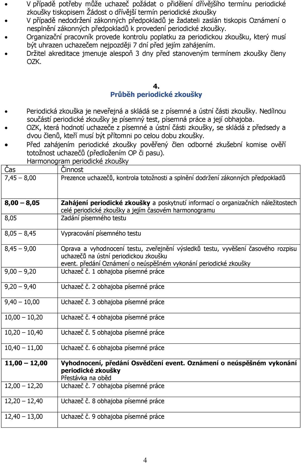 Organizační pracovník provede kontrolu poplatku za periodickou zkoušku, který musí být uhrazen uchazečem nejpozději 7 dní před jejím zahájením.