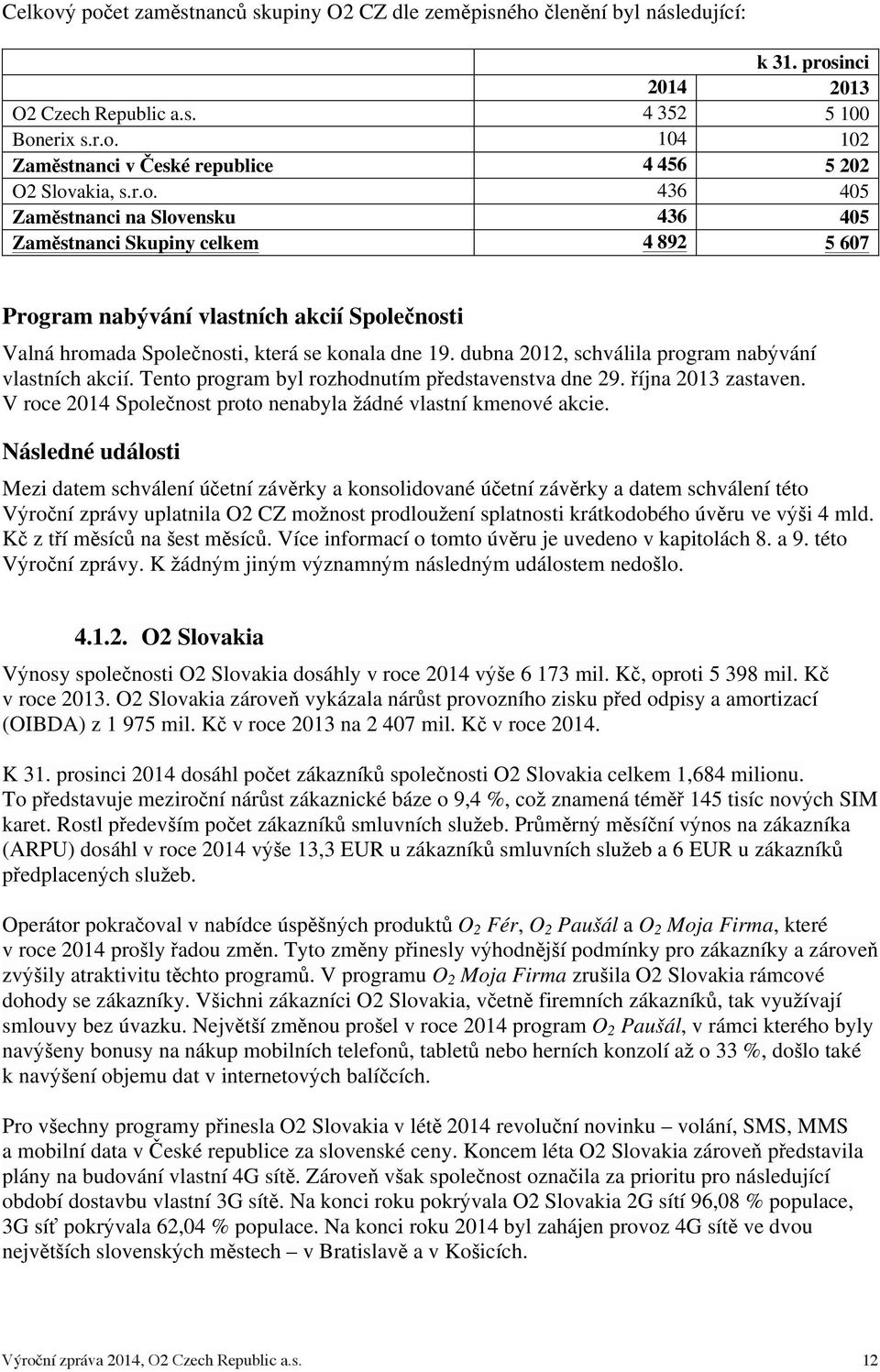 dubna 2012, schválila program nabývání vlastních akcií. Tento program byl rozhodnutím představenstva dne 29. října 2013 zastaven. V roce 2014 Společnost proto nenabyla žádné vlastní kmenové akcie.