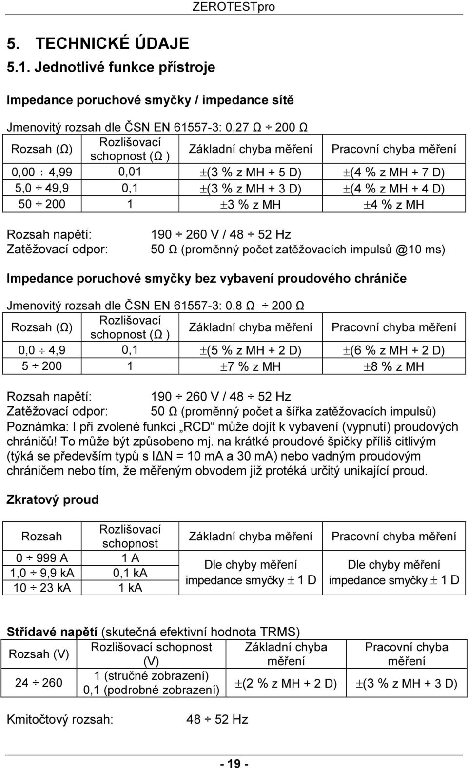 Pracovní chyba měření 0,00 4,99 0,01 ±(3 % z MH + 5 D) ±(4 % z MH + 7 D) 5,0 49,9 0,1 ±(3 % z MH + 3 D) ±(4 % z MH + 4 D) 50 200 1 ±3 % z MH ±4 % z MH Rozsah napětí: Zatěžovací odpor: 190 260 V / 48