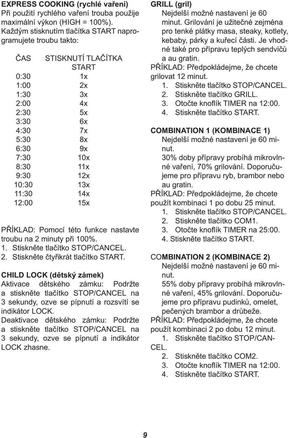 11:30 14x 12:00 15x PŘÍKLAD: Pomocí této funkce nastavte troubu na 2 minuty při 100%. 1. Stiskněte tlačítko STOP/CANCEL. 2. Stiskněte čtyřikrát tlačítko START.