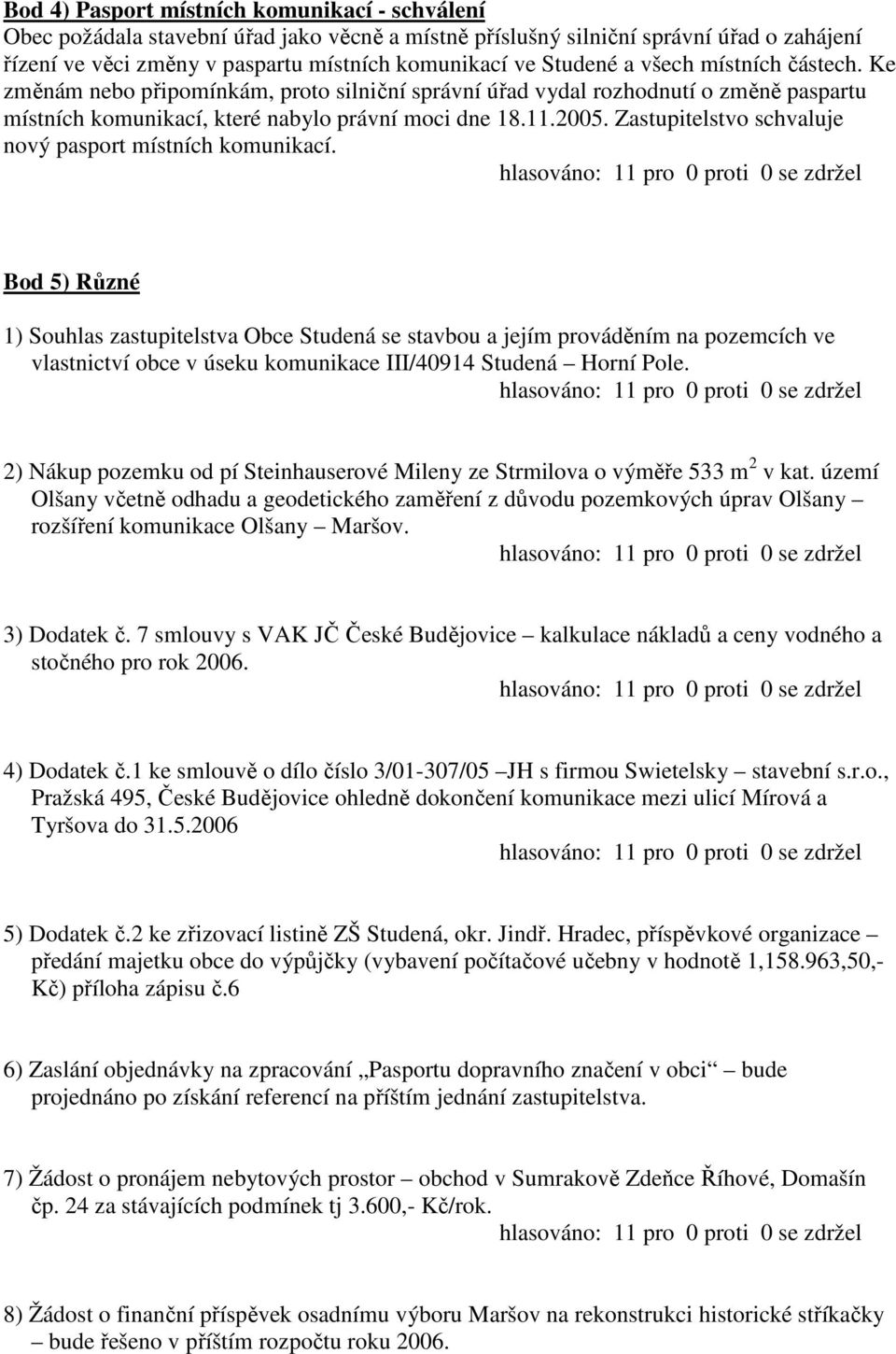 Zastupitelstvo schvaluje nový pasport místních komunikací.